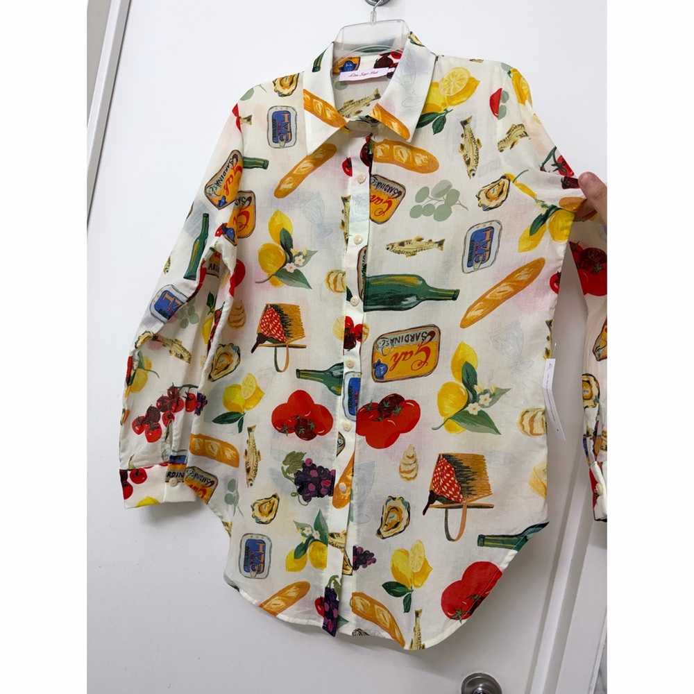 NWT Lisa Says Gah Tessa Food Print Button Down Shirt Top Italian Summer Ivory L - Picture 7 of 10
